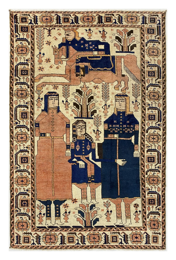 Rug# 10040, Pictorial Zabol Balouch, circa 1940, King Cyrus & family, Persia, size 203x124 cm (3)