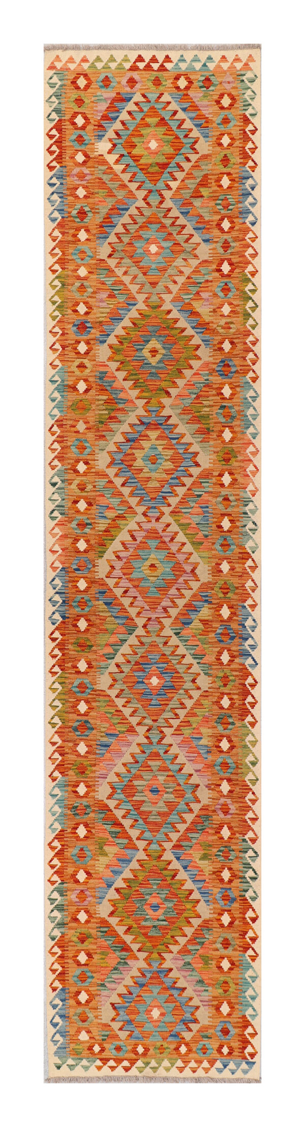 Rug# 26409, Afghan vegetable dye Maimaneh Kilim runner, size 386 x 82 cm (1)