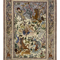 Rug# 10100, Masterweaver Pictorial Isfehan, signed Moeeshi, c.1980, silk base and inlay, 900,000 KPSQM, Persia, size 221x145 (3)