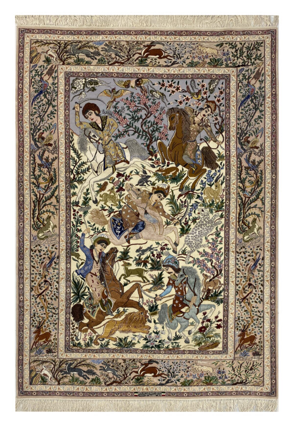Rug# 10100, Masterweaver Pictorial Isfehan, signed Moeeshi, c.1980, silk base and inlay, 900,000 KPSQM, Persia, size 221x145 (3)