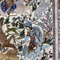 Rug# 10100, Masterweaver Pictorial Isfehan, signed Moeeshi, c.1980, silk base and inlay, 900,000 KPSQM, Persia, size 221x145 cm (3)