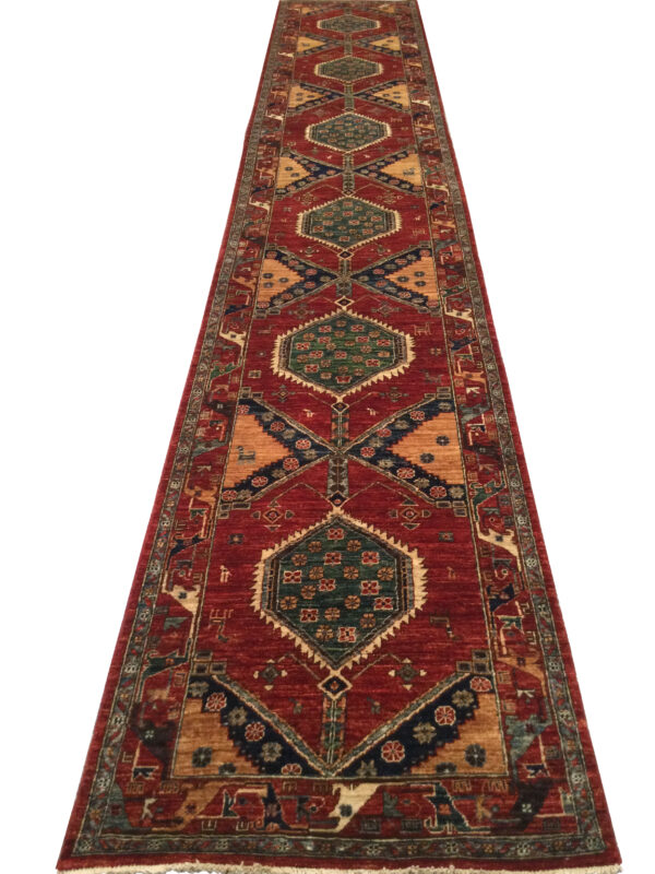 Rug# 26382 Afghan Turkaman weave, 19th Caucasian inspired, hand spun wool, Vegetable dyes, size 508x88 cm (2)