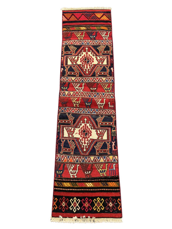 Rug# 10467, East Azarbaiejan Sumak khorjeen-face, Nomadic weave, local wool, circa 1950, rare & collectable, Persia Size 184x47 cm (5)