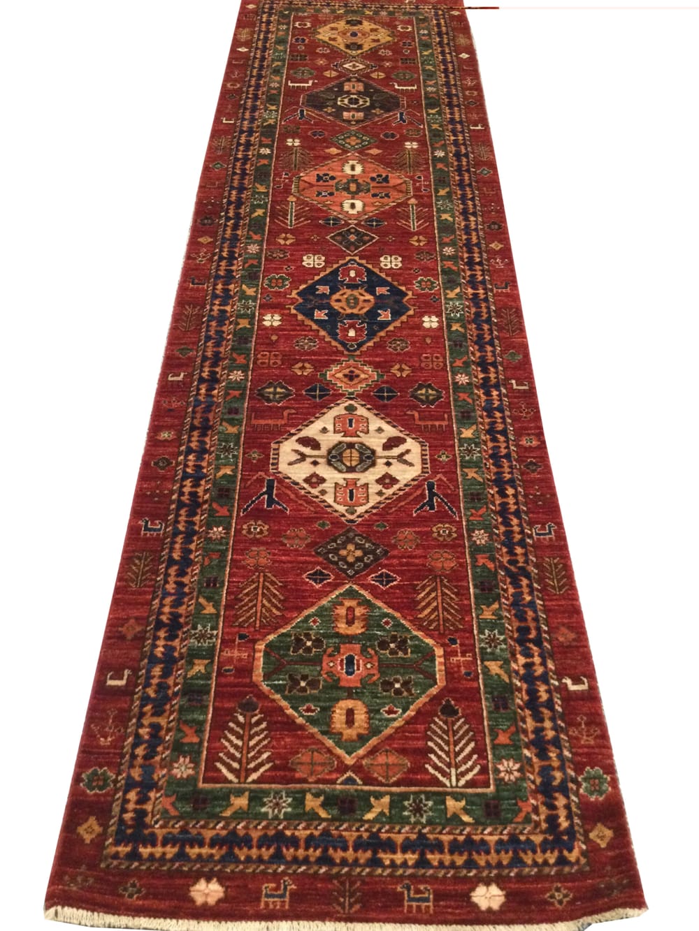 Rug# 26384 Afghan Turkaman weave, 19th Caucasian inspired, hand spun wool, Vegetable dyes, size 309x82 cm (2)