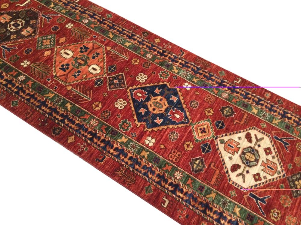 Rug# 26384 Afghan Turkaman weave, 19th Caucasian inspired, hand spun wool, Vegetable dyes, size 309x82 cm