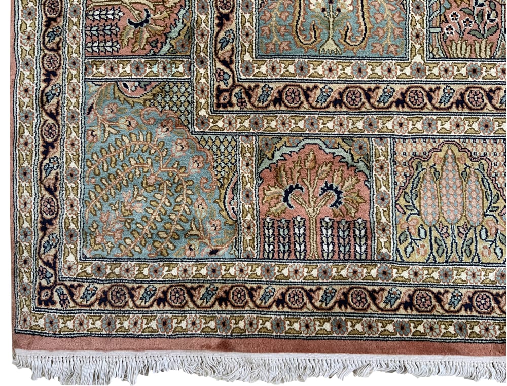 Rug# 31230 Fine Srinagar, 100% silk pile on a cotton warp and weft, Garden design, Kashmir , India, Size 305x238 cm (4)