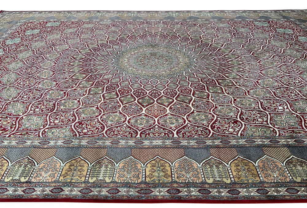 Rug# 31236, Fine Srinagar, 100% silk pile on a cotton warp and weft, Dome design, Kashmir , India, Size 386x275 cm (6)