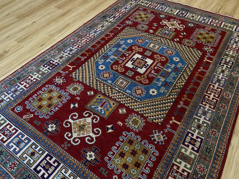 Rug# 26025, Afghan Turkaman weave, handspun wool pile, vegetable dyes, Kazak design, c.2010, size 273x18
