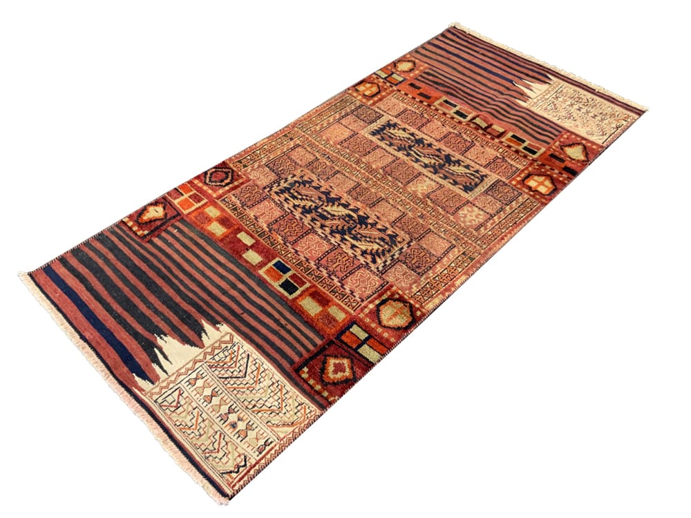 Rug# 10494, antique Luri Saumak & kilim Tacheh or Grain bag-face, c.1920, Persia, size 234x103 cm (2)