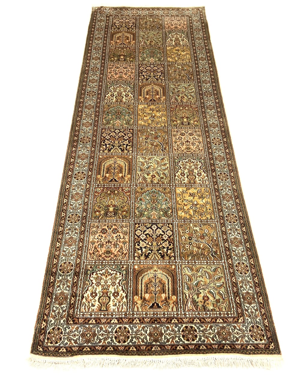 Rug# 31616, Srinagar Kashmir silk in classic garden design, 100% Pure silk pile on a cotton warp & weft cords 500,000 knots per square meter, size 244x80 cm (1)