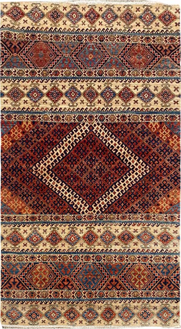 Rug-26653-Afghan-Turkaman-weave-19th-century-Kurdi-Khorjeen-design-vegetable-dyes-circa-2018-size-203x137cm-1-1