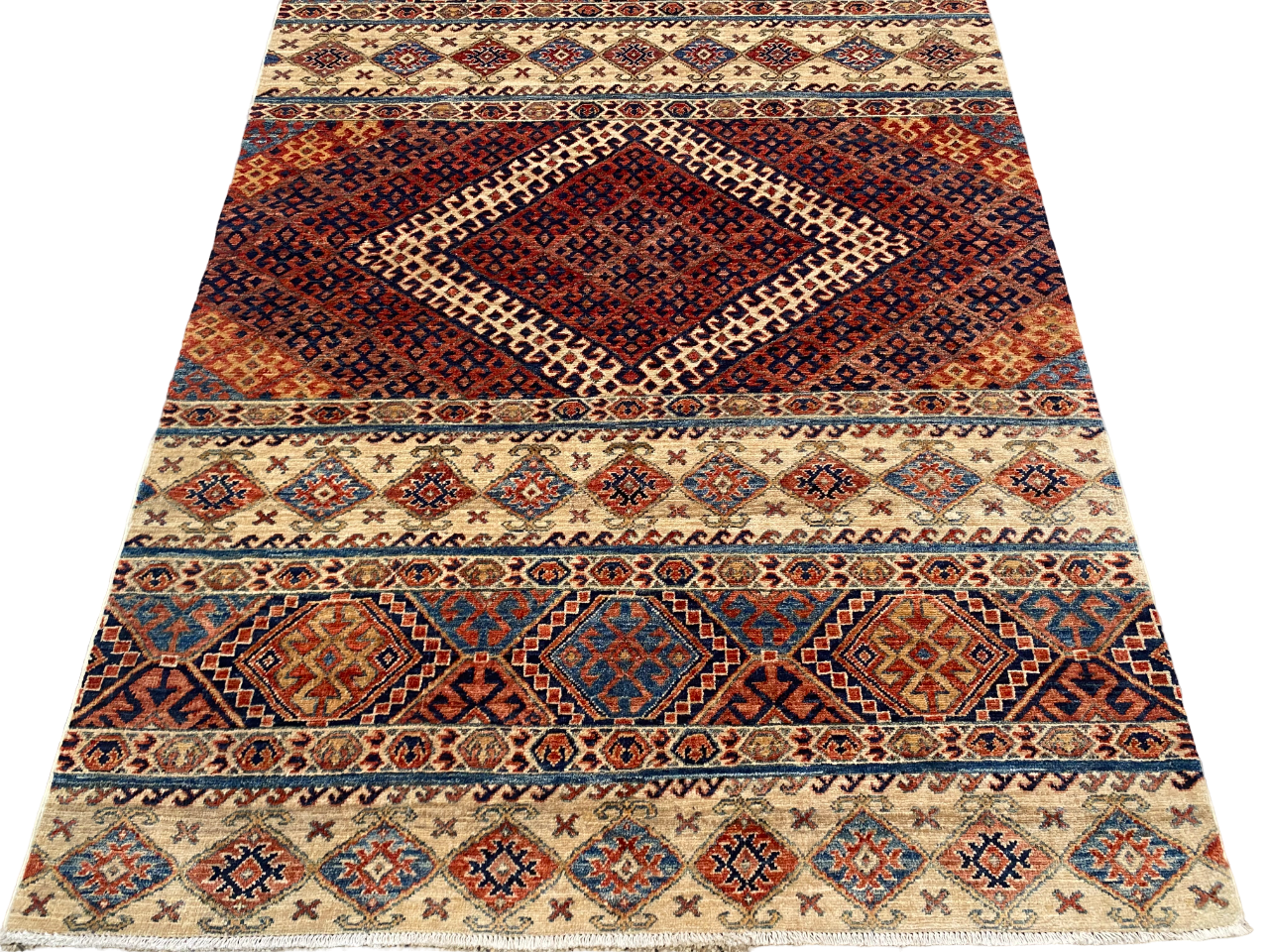 Rug# 26653, Afghan Turkaman weave, 19th century Kurdi-Khorjeen design, vegetable dyes, circa 2018, size 203x137cm (2)