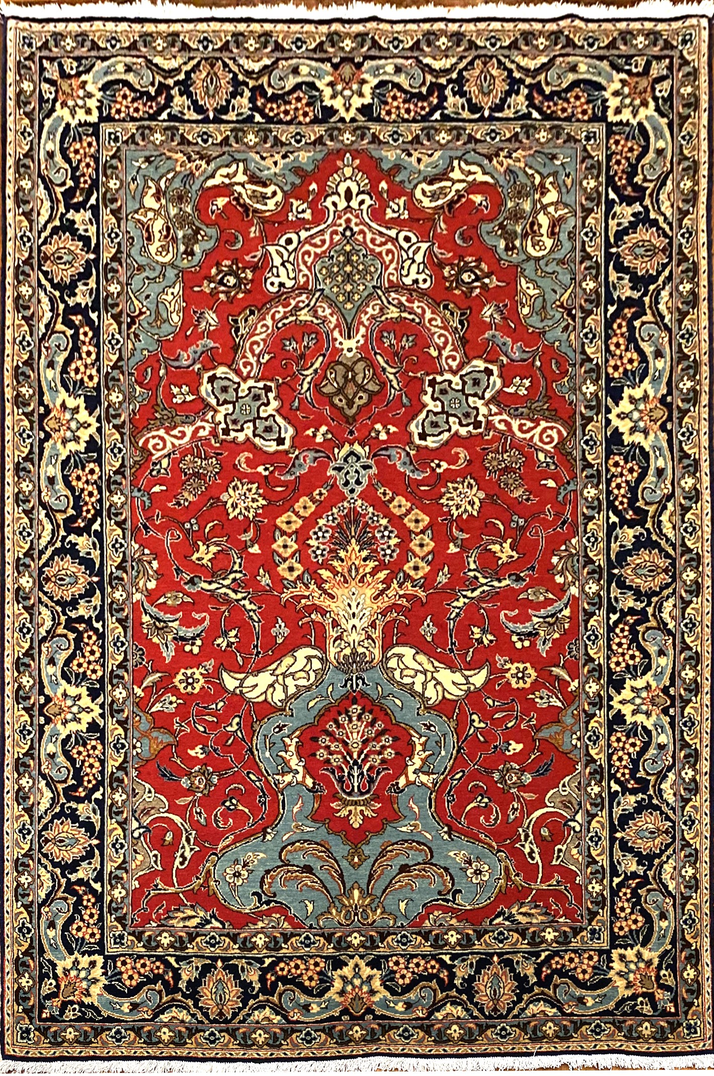 Rug# 5852, vintage Qum wool pile, circa 1945, silk inlay, immaculate, Persia, size 210x140 cm, RRP $8000 , on special $3000 (3)