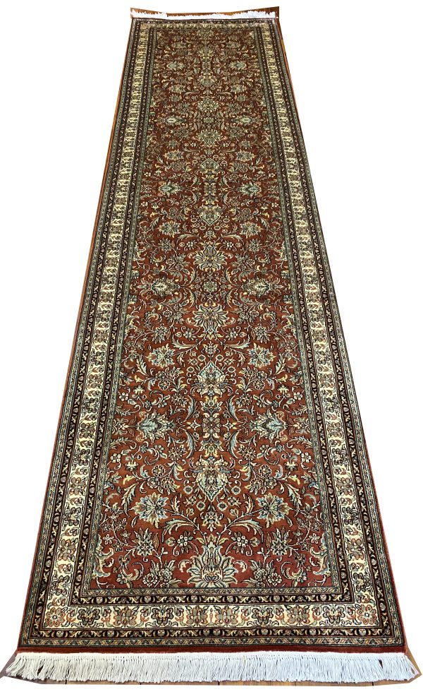 Rug# 23110, Srinagar silk, tree of life design, pure silk pile, 18x18 quality, Kashmir, size 307x80 cm RRP $4500, Special $1800
