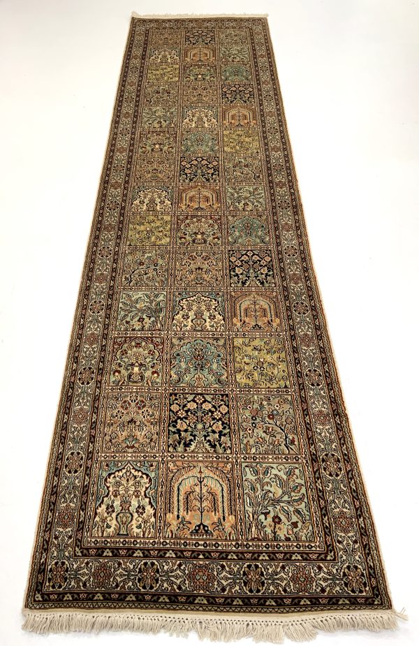 Rug# 31620, Srinagar Kashmir silk in classic garden design, 100% Pure silk pile on a cotton warp & weft cords 500,000 knots per square meter, size 300x77 cm (1)