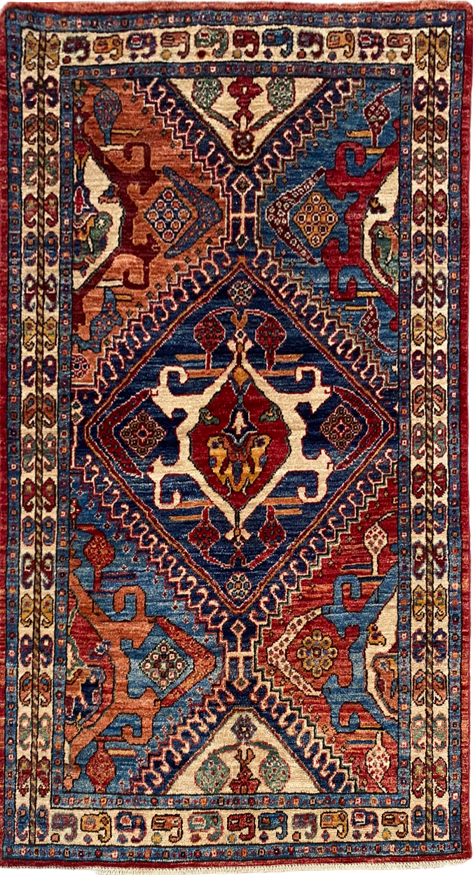 Rug# 26658, Afghan Turkaman weave, 19th century Caucasian design, vegetable dyes, circa 2018, size 146x89cm (1)